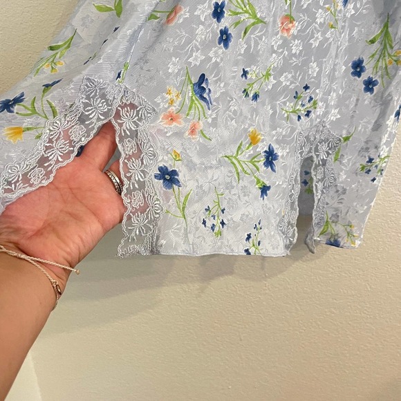 Lace & Floral Print Lingerie Nightgown Dress, Front Slits, Size Medium - Picture 5 of 7